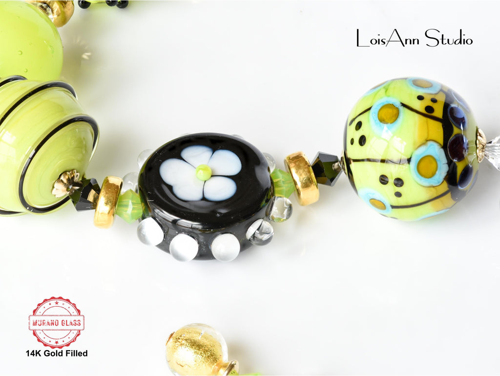 Lime Green Lampwork Glass Bracelet: 14kt Gold Filled, Artisan OOAK Jewelry