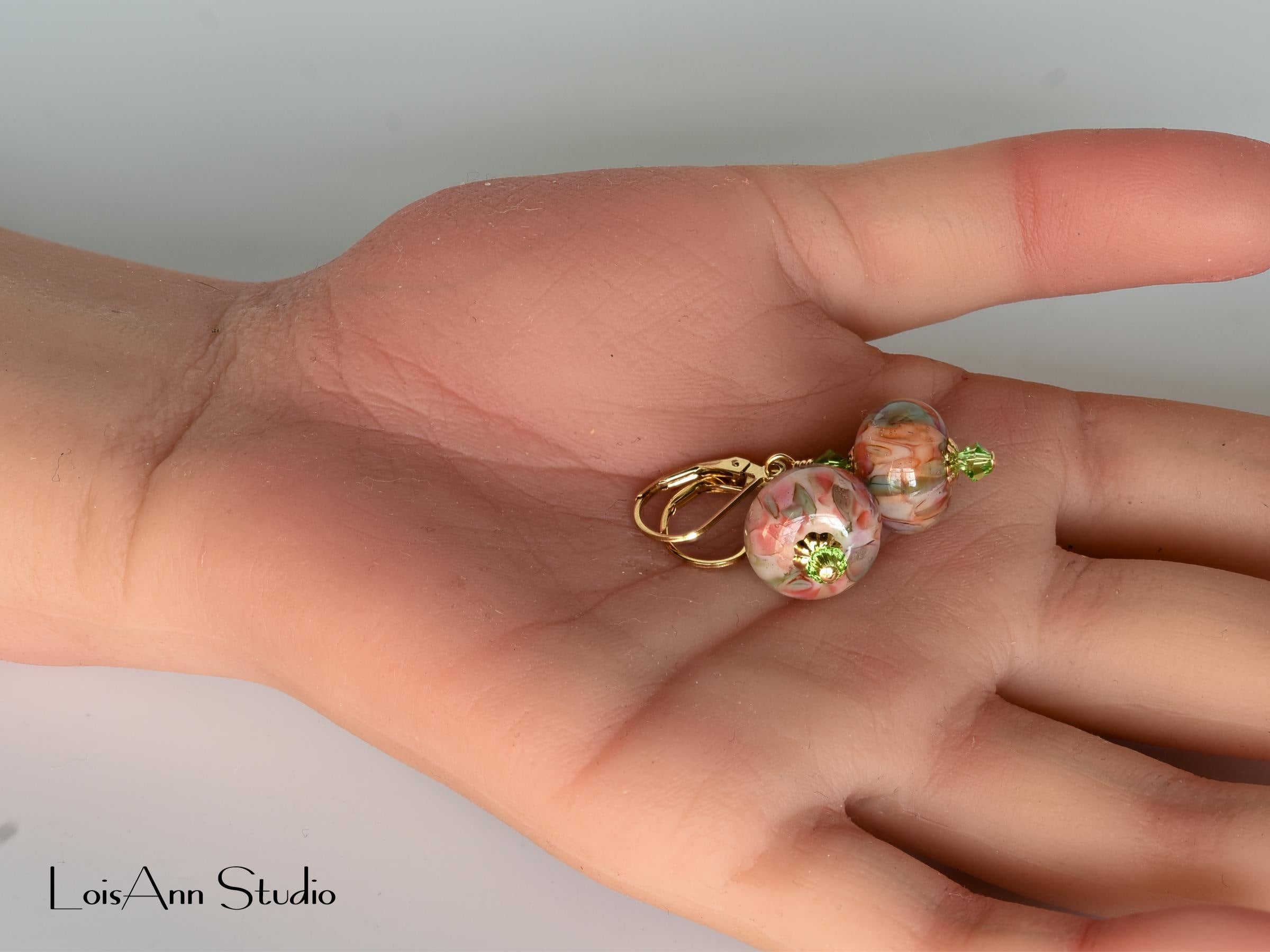1-1/2 Inch Peach Lampwork Earrings, Handmade Glass, Artisan, 14K Gold Filled Earrings