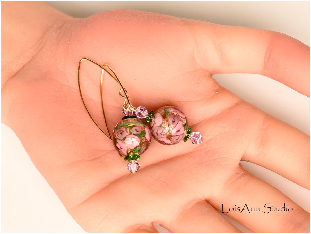 Murano Glass Rose Earrings: Swarovski Crystal, 14K Gold Filled