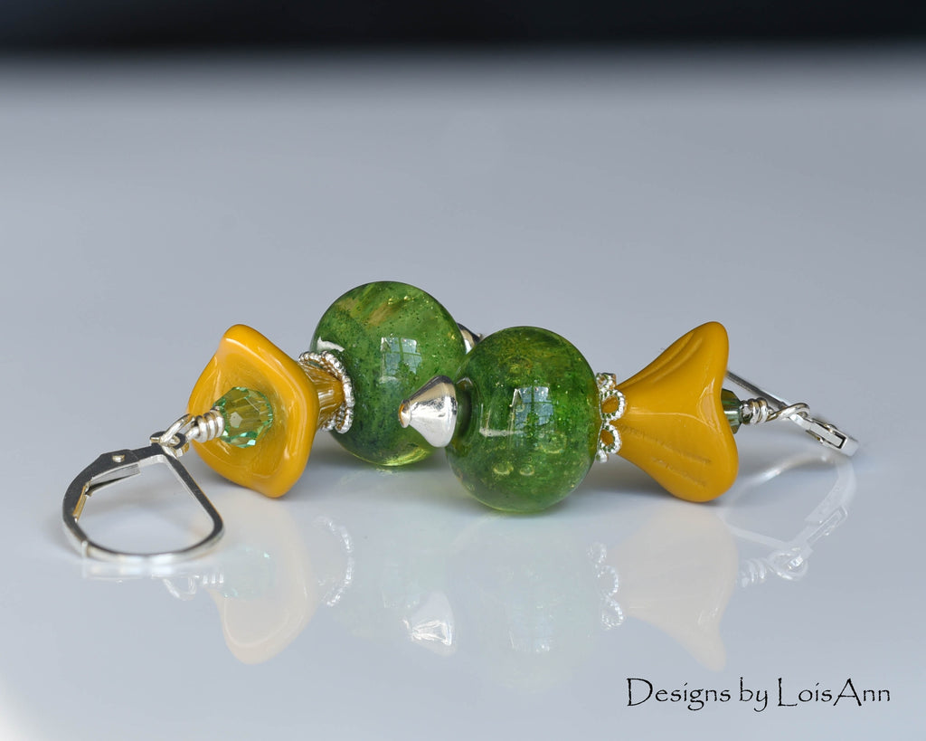 Lampwork Sterling Silver Earrings: Green Aventurine, Yellow Flower Beads