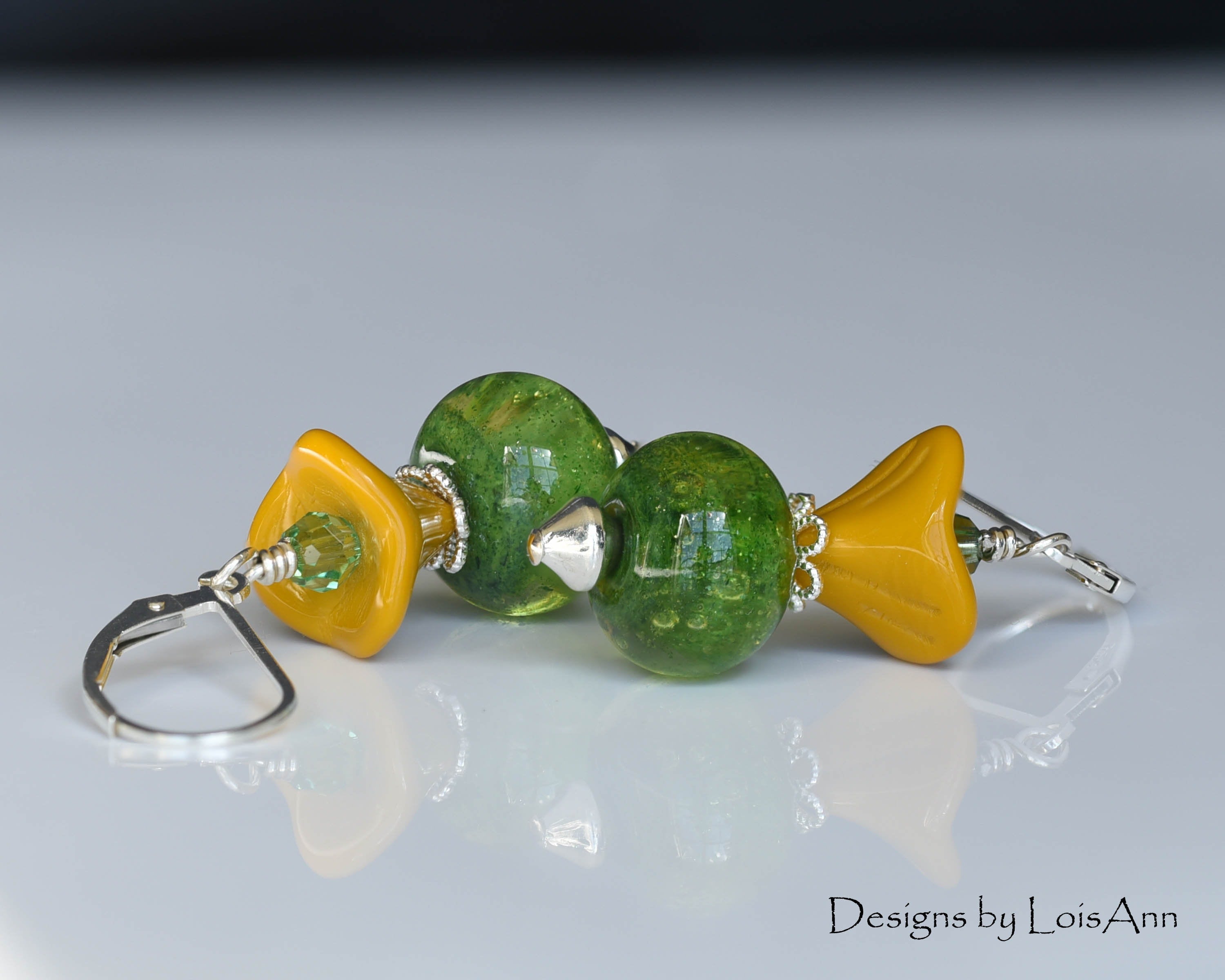 Lampwork Sterling Silver Earrings: Green Aventurine, Yellow Flower Beads