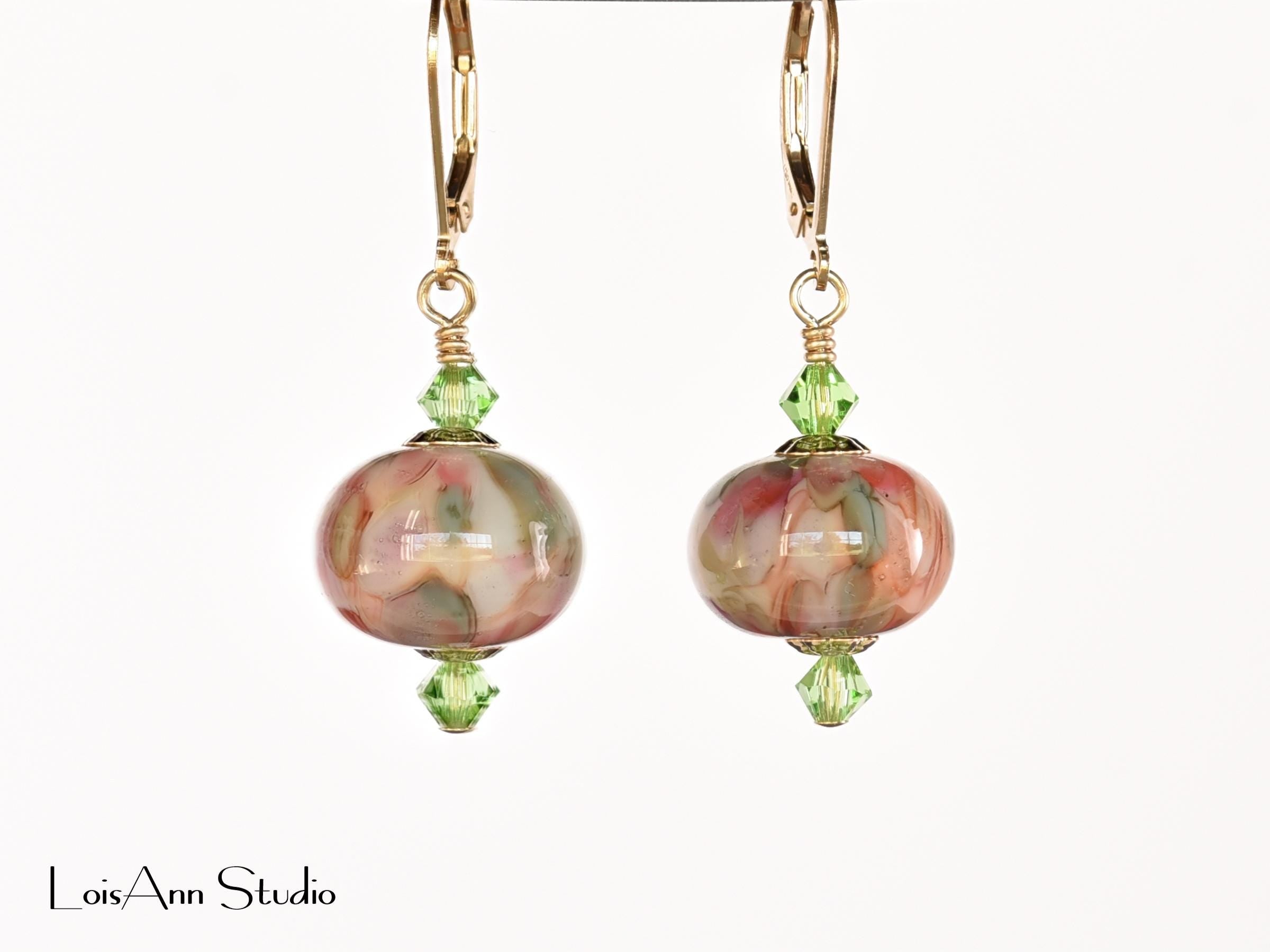 1-1/2 Inch Peach Lampwork Earrings, Handmade Glass, Artisan, 14K Gold Filled Earrings