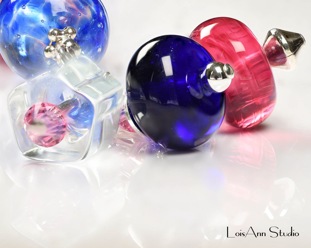 Lampwork Murano Glass Bracelet: Cobalt Blue, Pink, Sterling Silver