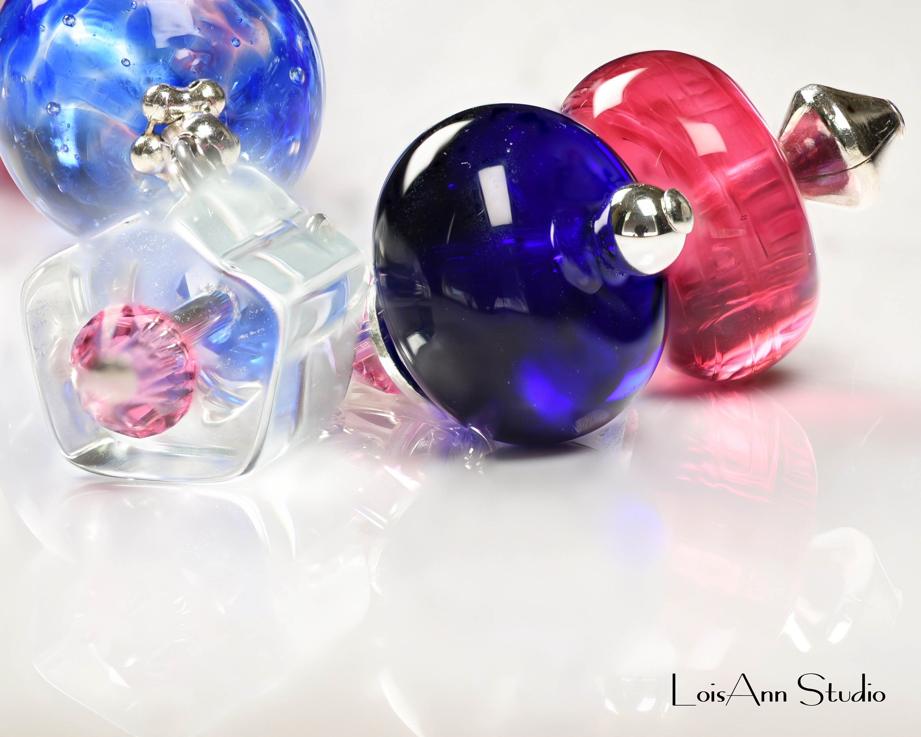 Lampwork Murano Glass Bracelet: Cobalt Blue, Pink, Sterling Silver
