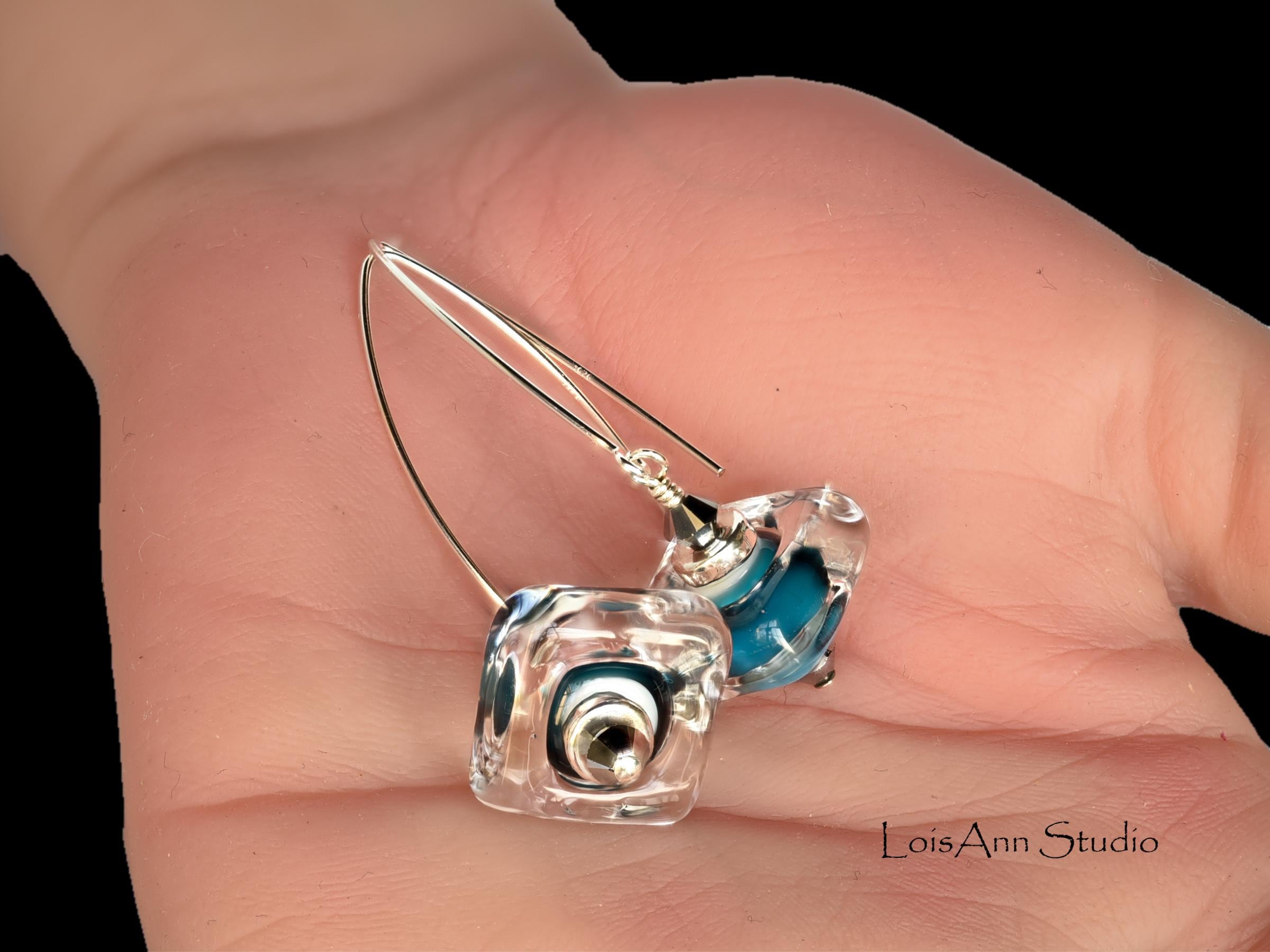 Lampwork Glass Earrings: Smoky Blue Artisan Beads, Handmade, Sterling Silver