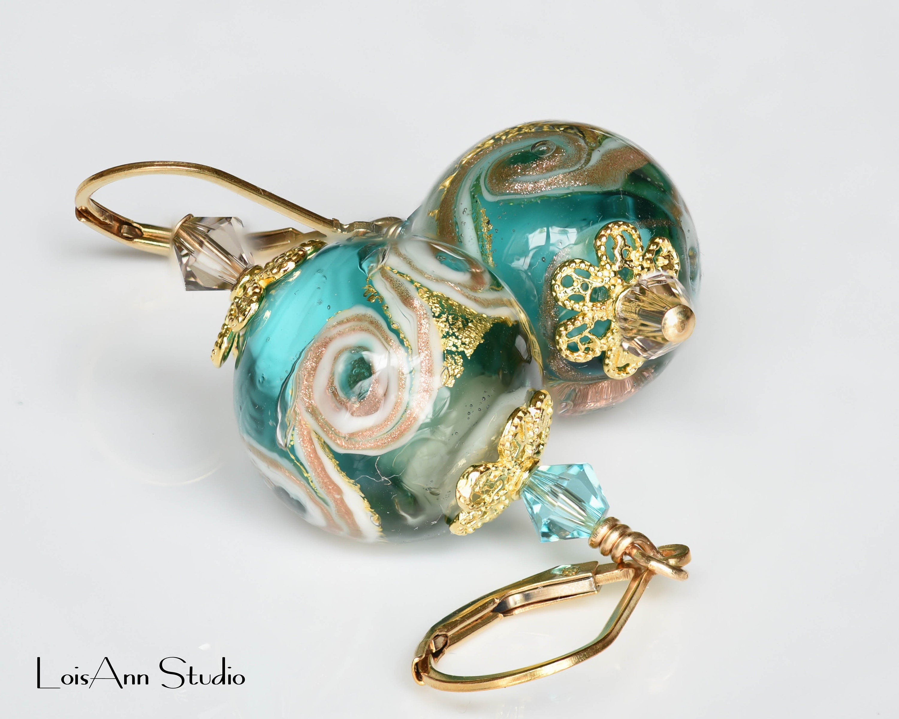 Murano Glass Lampwork Earrings: Sea Green & Smokey Gray, 14kt Gold Filled, Gift for Her
