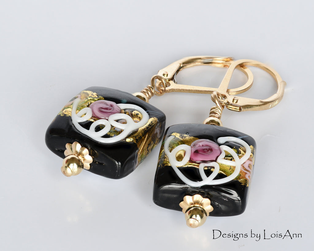 Petite Black Murano Glass Earrings: 14kt Gold Filled, Venetian Rose