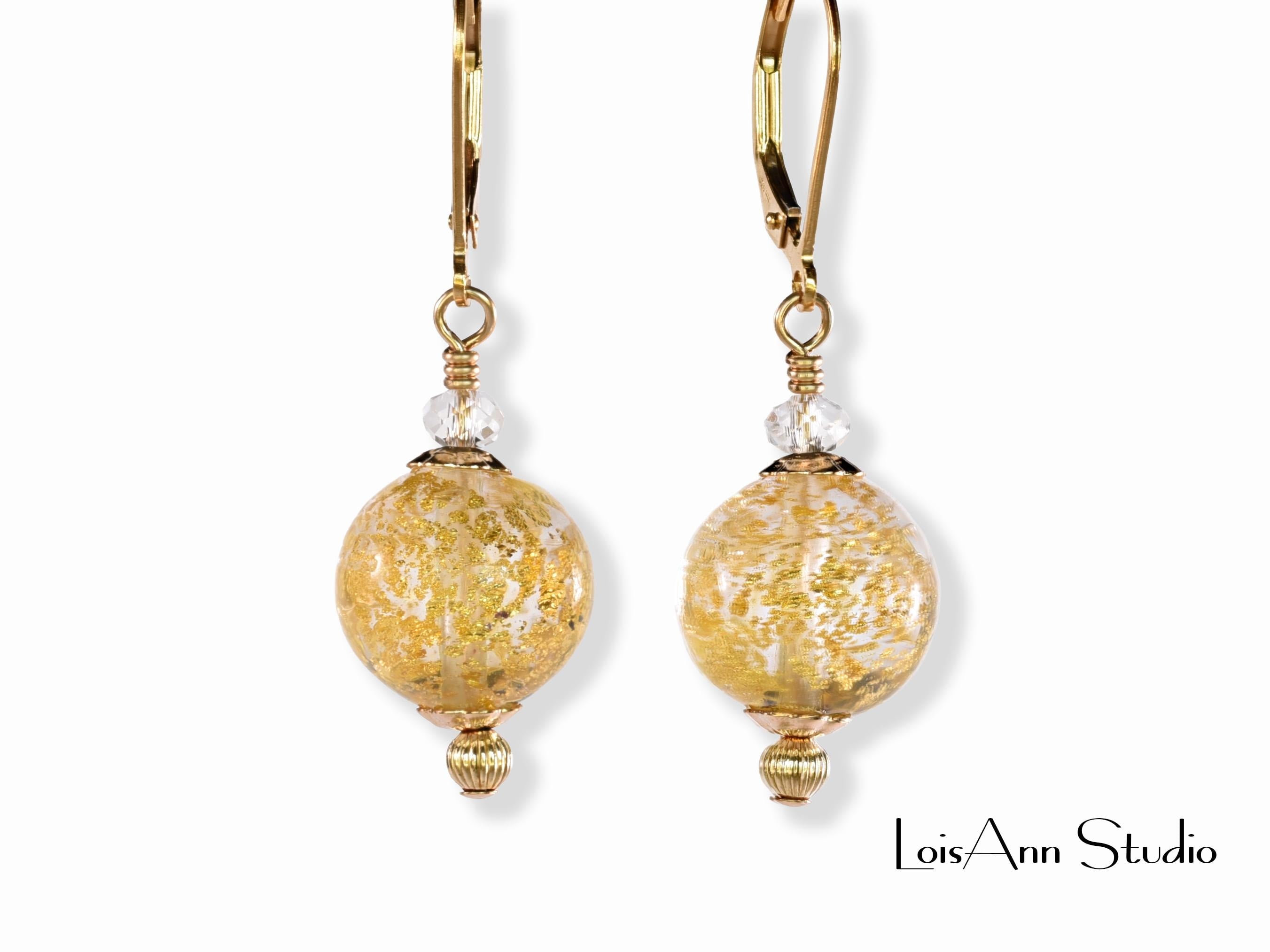 Gold Foil Lampwork Glass Earrings, 14K Gold Filled Lever Backs, Gift Worthy
