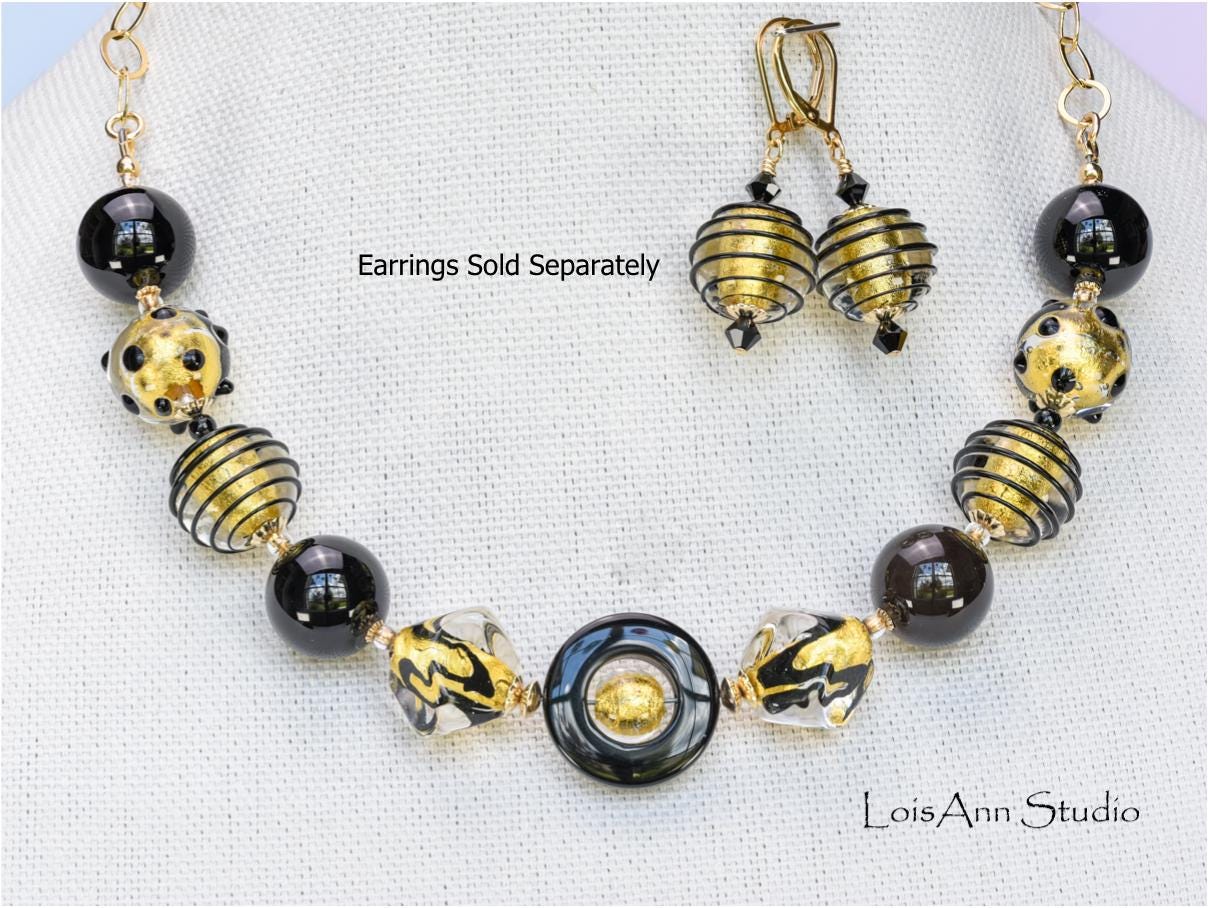 Black Murano Glass Necklace: 24kt Gold Foil, 14kt Gold Filled Chain