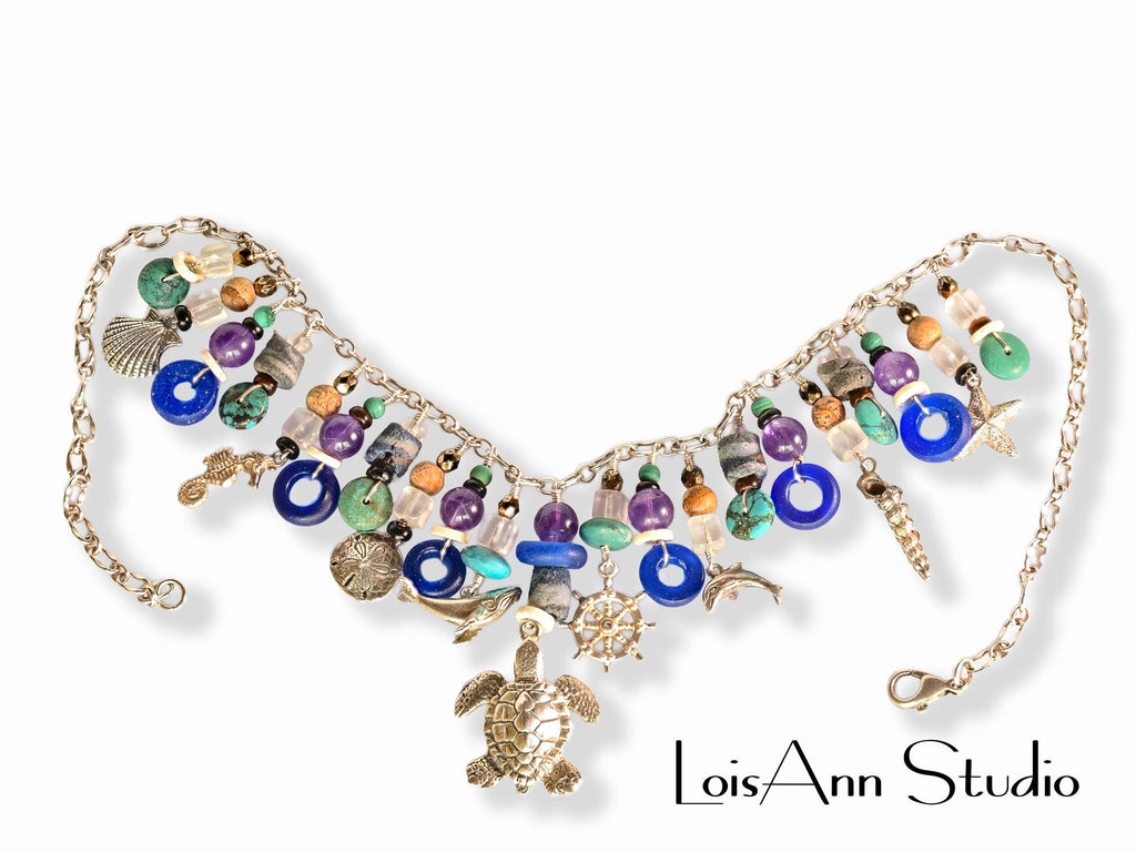 Vintage Charm Necklace:  Sterling Silver, Semi Precious Beads, One of a Kind, Unique Necklace