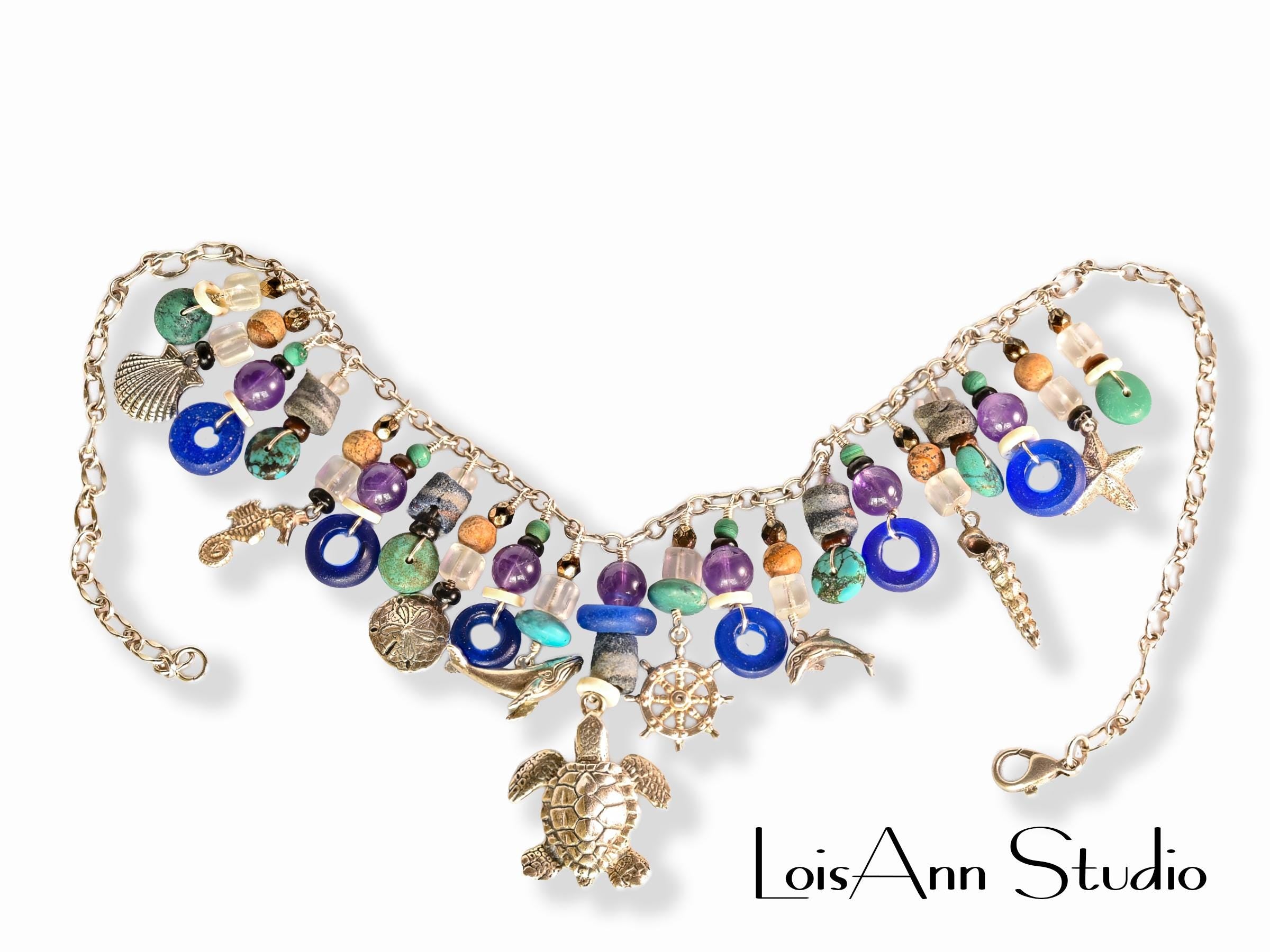 Vintage Charm Necklace:  Sterling Silver, Semi Precious Beads, One of a Kind, Unique Necklace