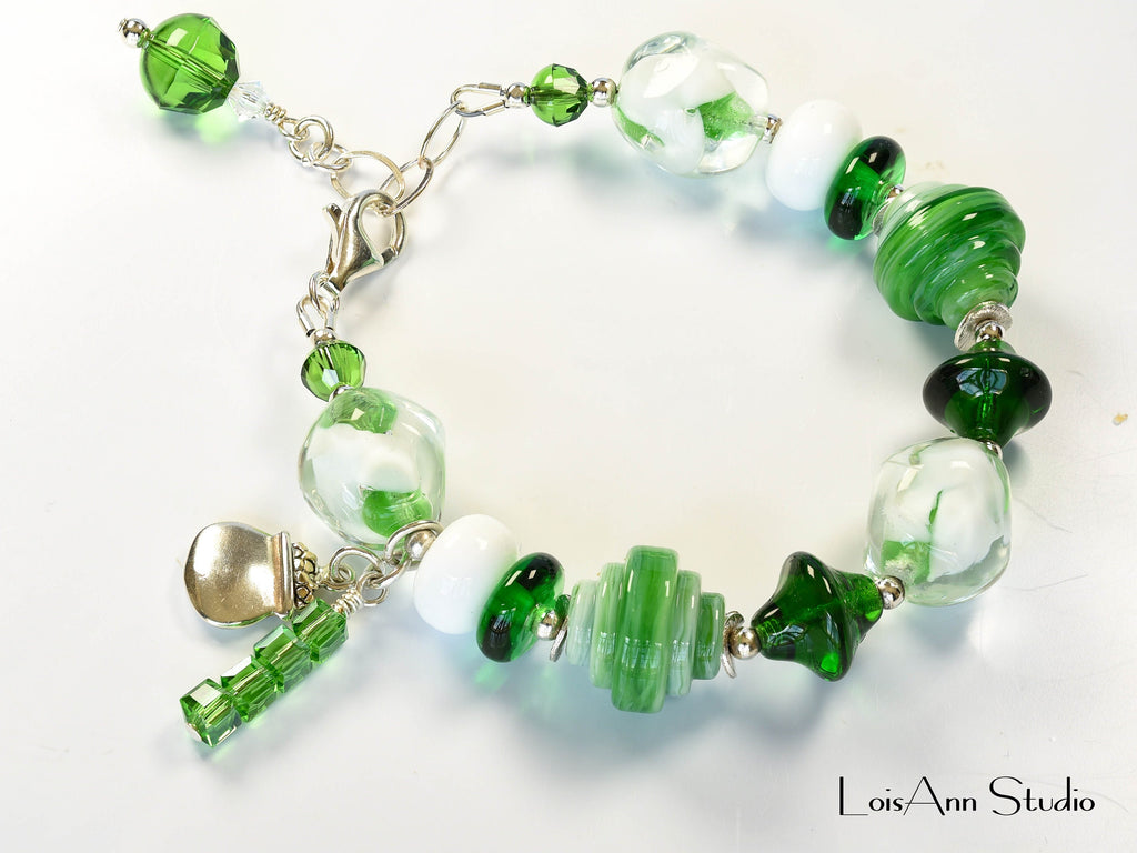 Lucky Lampwork Bracelet, Green and White, One of a Kind, St. Patrick's Day, Sterling Silver