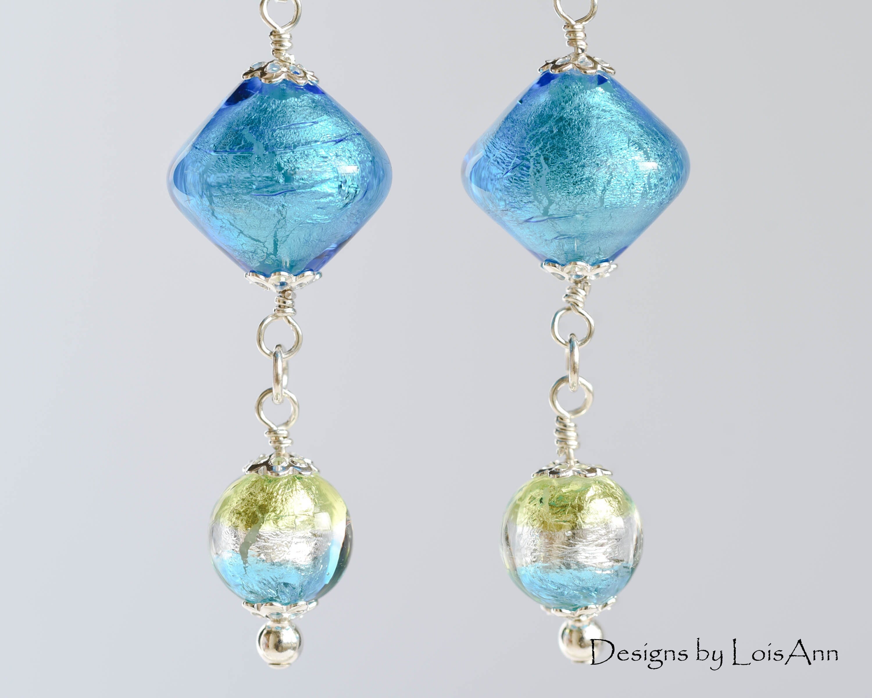 Lampwork Murano Glass Earrings: Sterling Silver, Aqua Blue & Gold