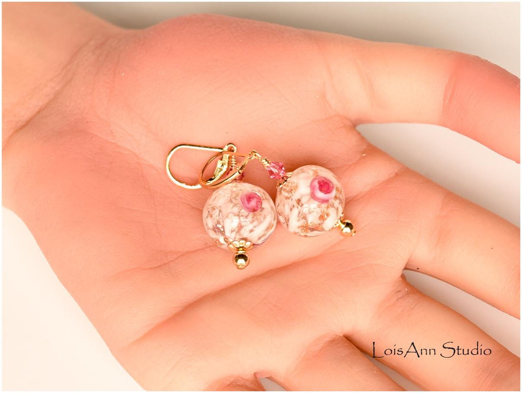 Murano Glass Flower Earrings: 14kt Gold Filled, Venetian Lampwork