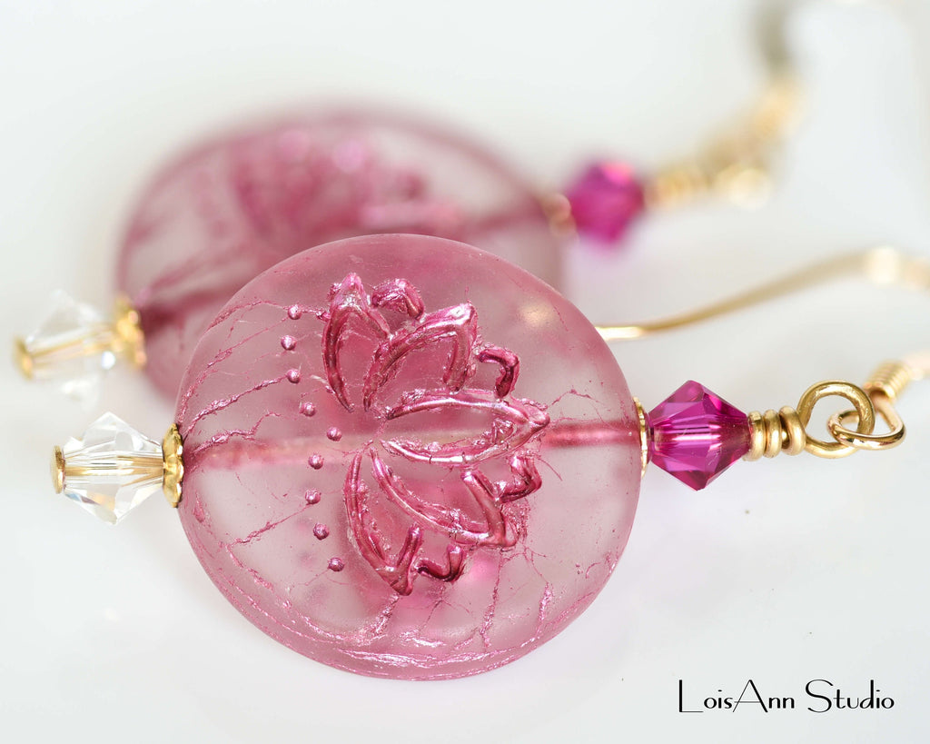 Etched Lotus Flower Earrings: Fuchsia Czech Glass, 14kt Gold Filled