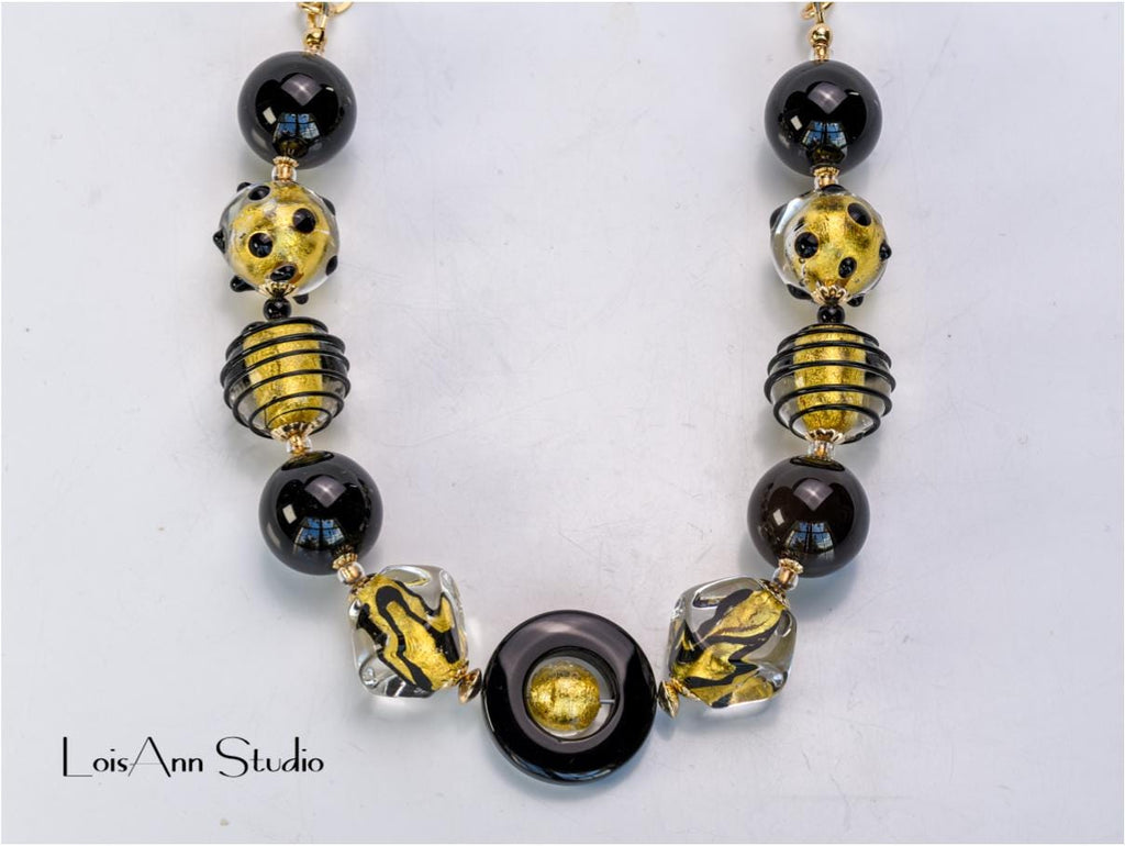 Black Murano Glass Necklace: 24kt Gold Foil, 14kt Gold Filled Chain