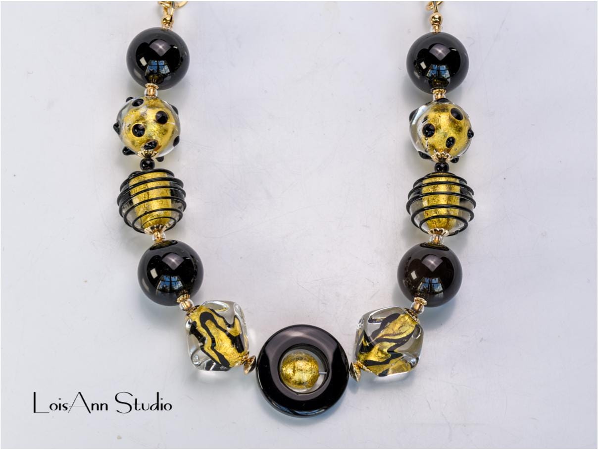 Black Murano Glass Necklace: 24kt Gold Foil, 14kt Gold Filled Chain