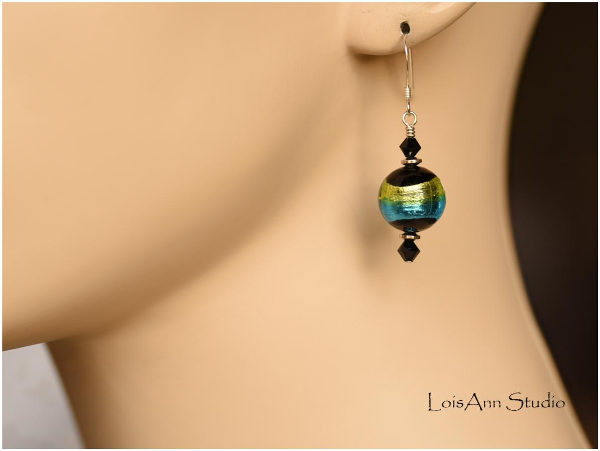 Murano Glass Earrings: Black, Green, Aqua Sterling Silver