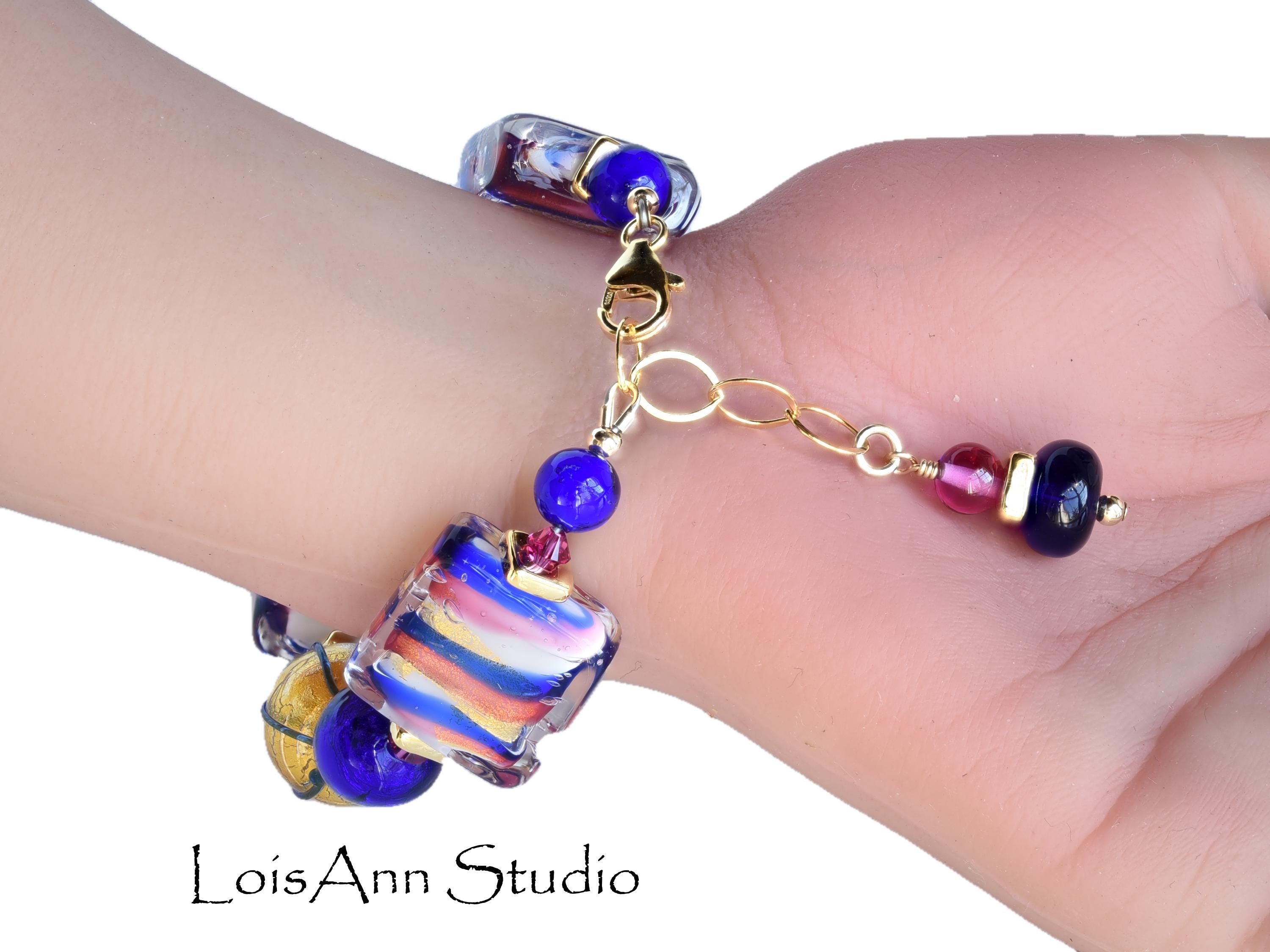 Chunky Venetian Murano Glass Bracelet:  Cobalt Blue and Fuchsia Pink, 14K Gold Filled, Adjustable