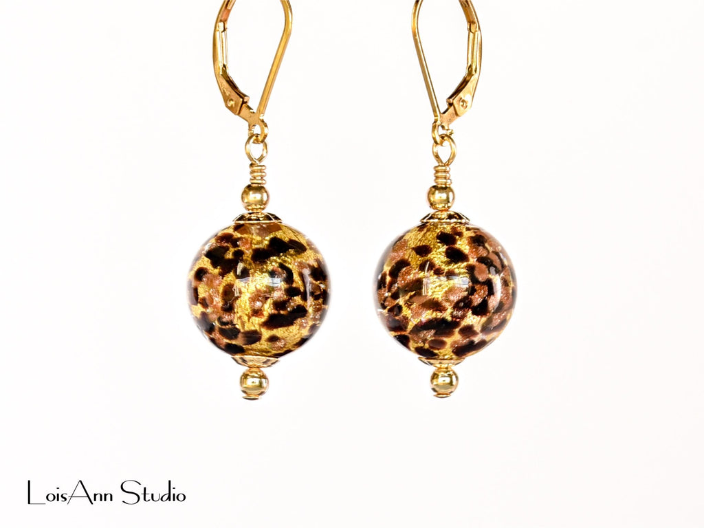 Chocolate Brown Gold Speckled Earrings, 24K Gold Foil, Venetian Murano, 14K Gold Filled Ear Wires, Gift for Her