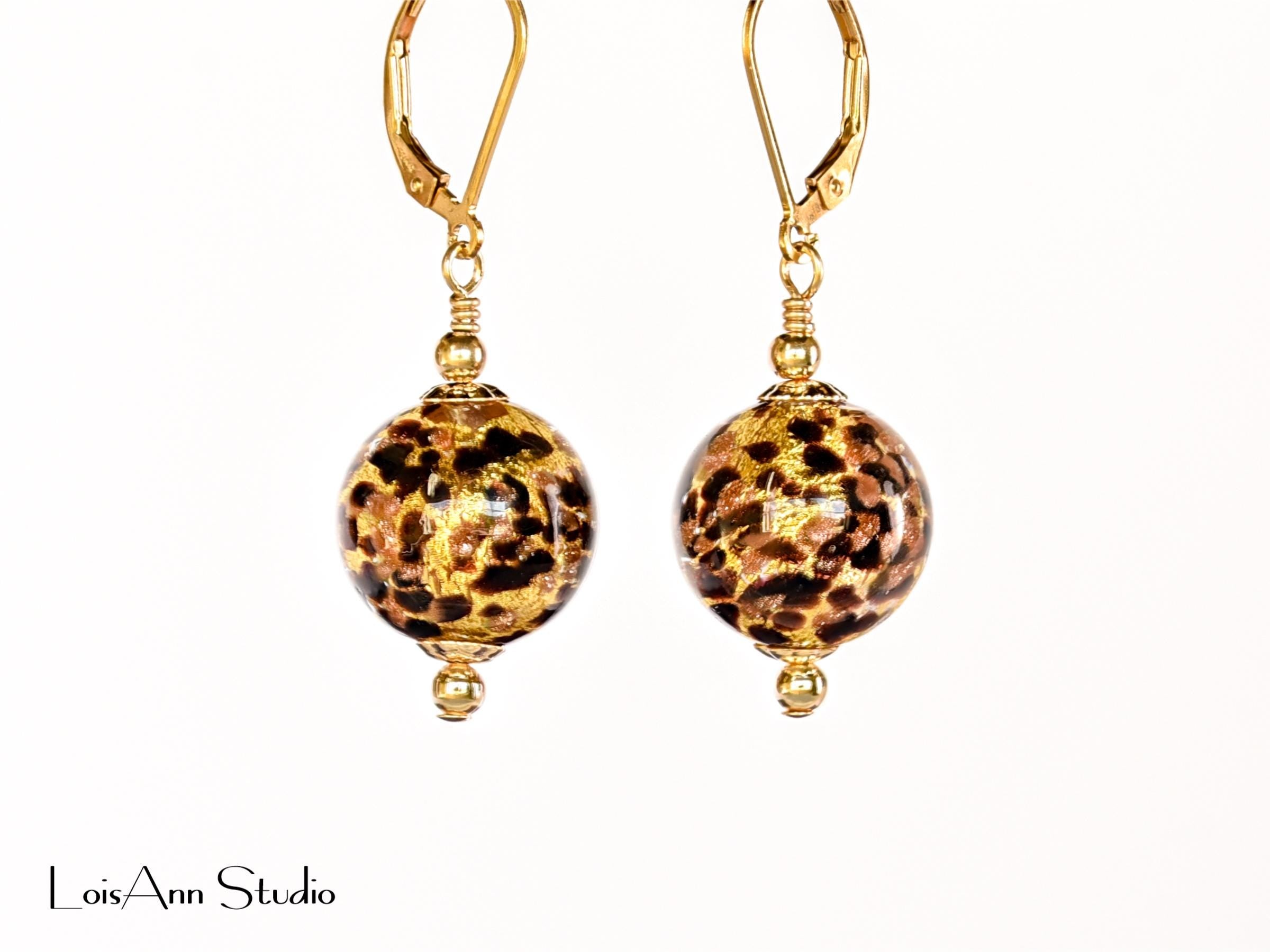 Chocolate Brown Gold Speckled Earrings, 24K Gold Foil, Venetian Murano, 14K Gold Filled Ear Wires, Gift for Her