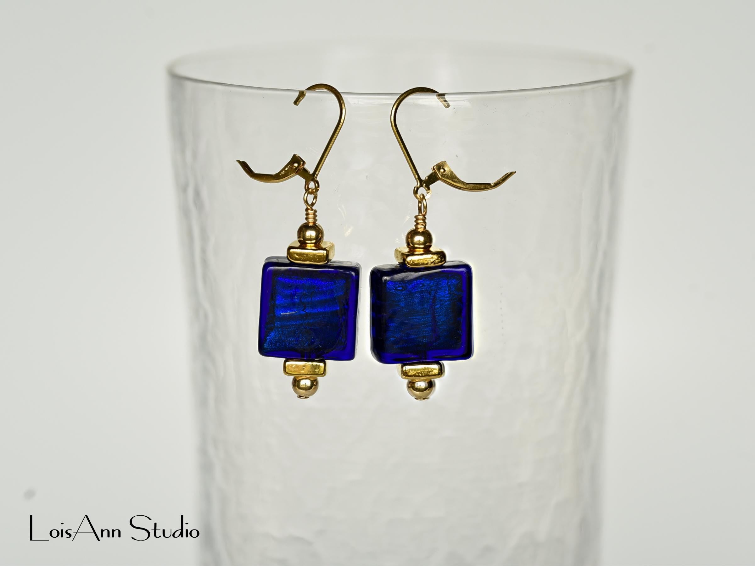 Cobalt Blue and 24K Gold Foil Earrings:  Navy Blue Earrings, Venetian Murano Glass, 14K Gold Filled, Gift for Her, Free Shipping
