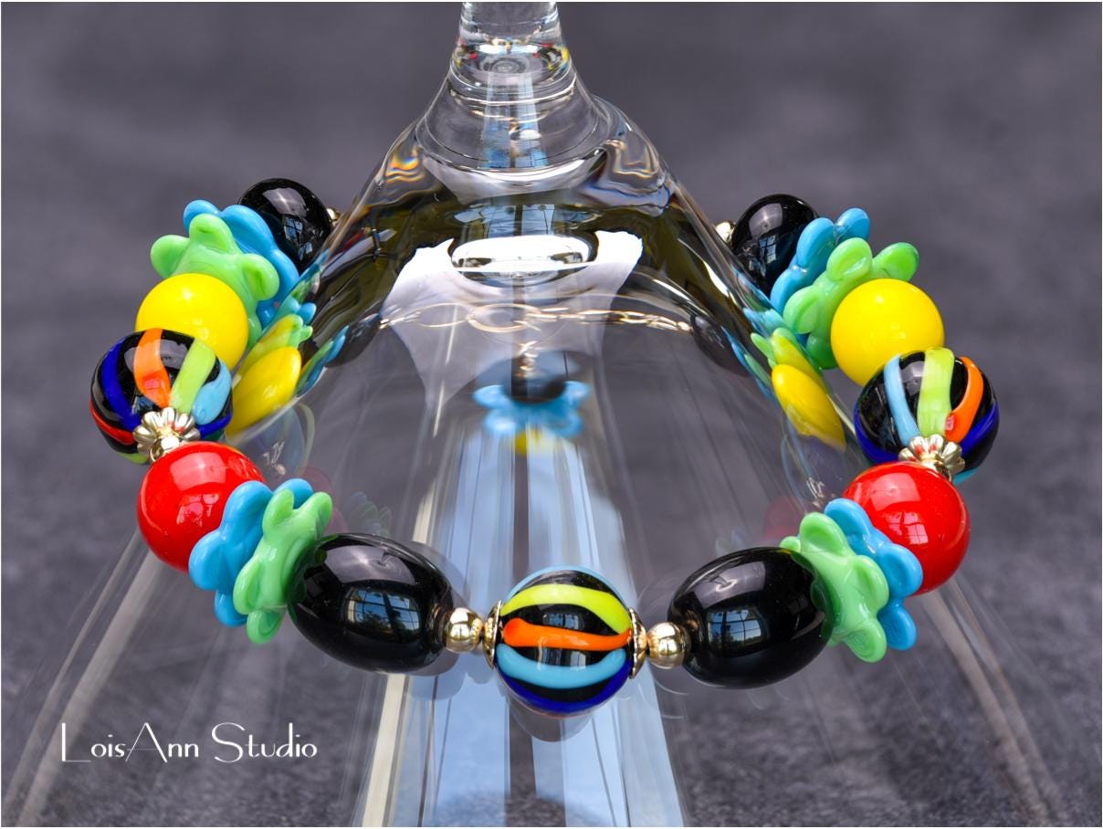 Lampwork Glass Bracelet: Multicolor Artisan Jewelry, 14kt Gold Filled