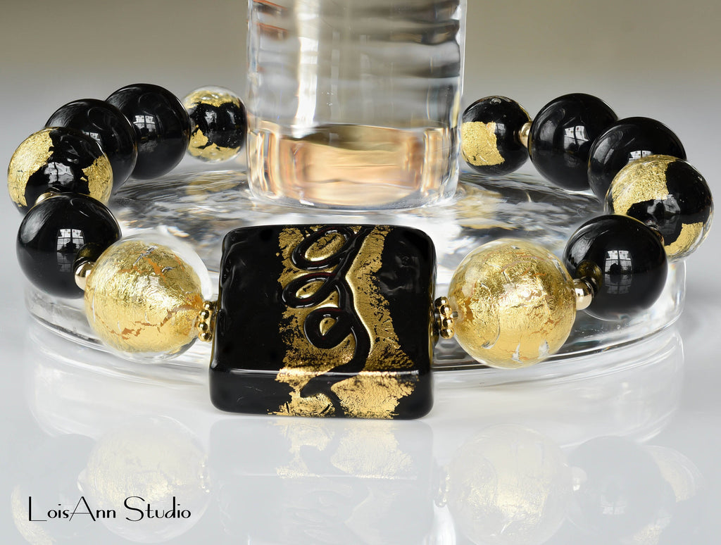 Murano Glass Bracelet, Black and Gold, 14kt Gold Filled, Adjustable