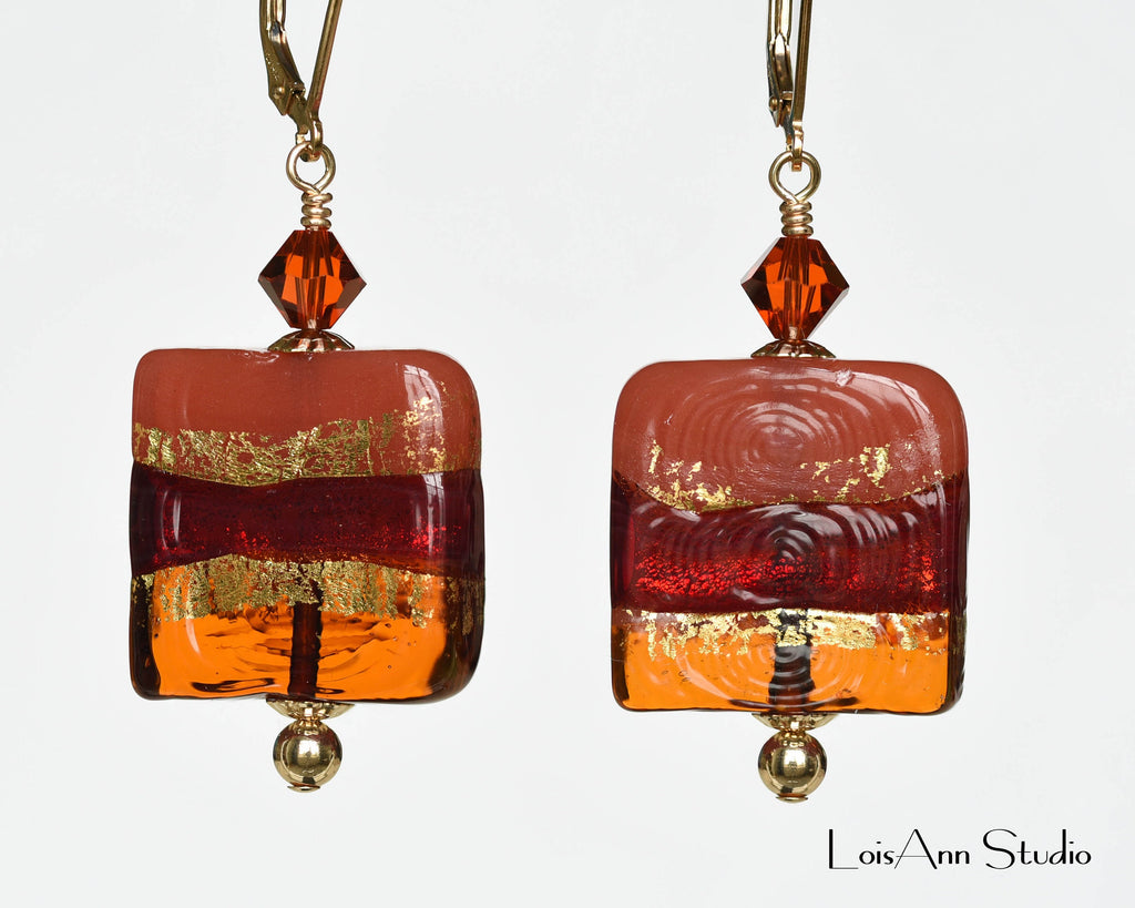 Dark Amber Tricolor Square Murano Beaded Earrings, 14kt Gold Filled