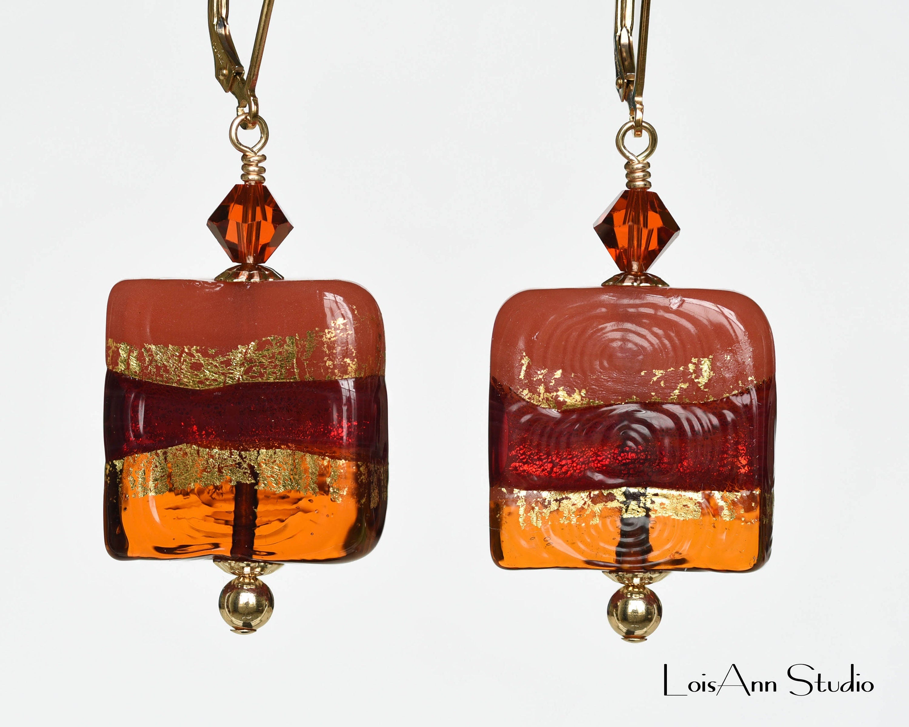 Dark Amber Tricolor Square Murano Beaded Earrings, 14kt Gold Filled