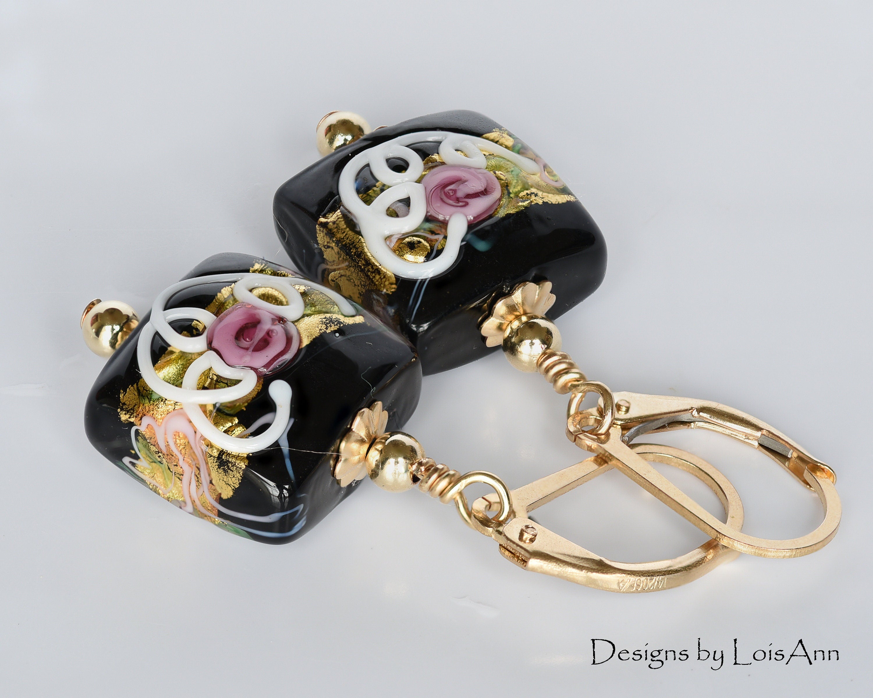 Petite Black Murano Glass Earrings: 14kt Gold Filled, Venetian Rose