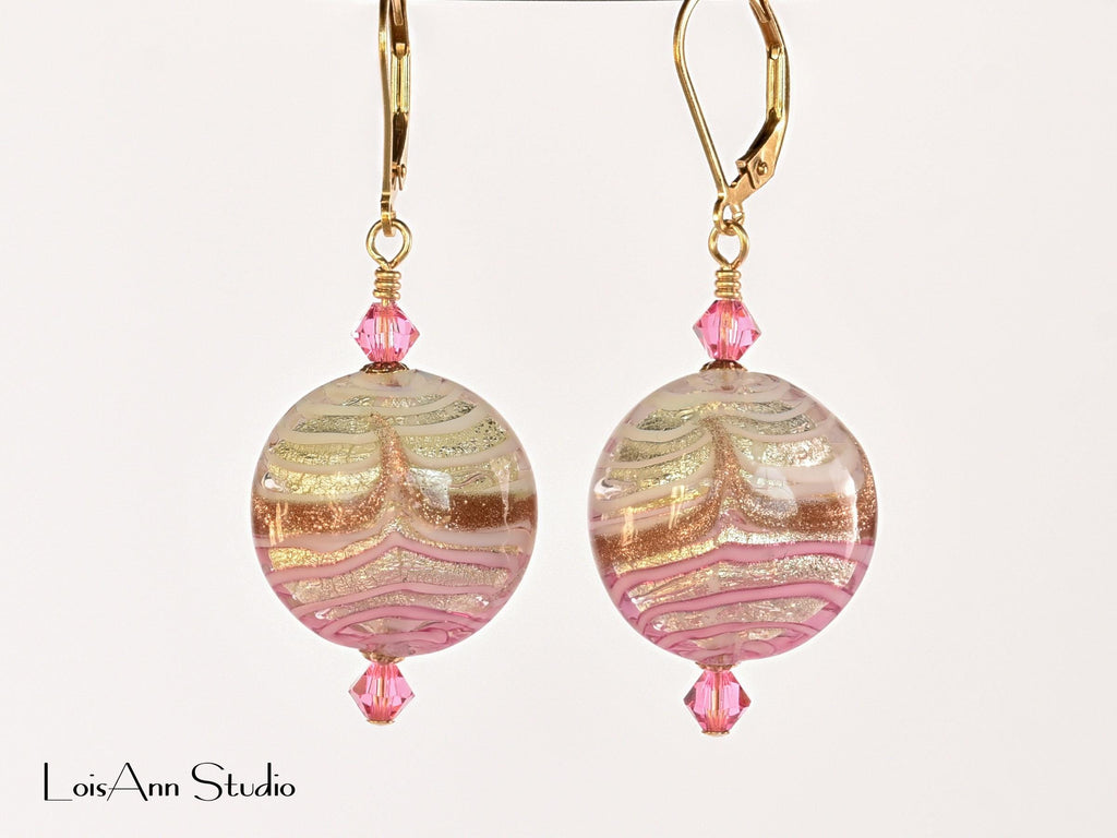 Murano Glass Earrings: Pink, Gold Foil, Aventurina, 14K Gold Filled