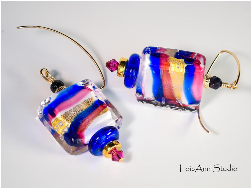 Lampwork Murano Glass Earrings: Pink Cobalt Blue, 14kt Gold Filled