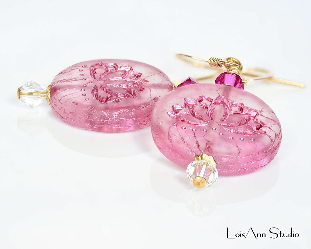 Etched Lotus Flower Earrings: Fuchsia Czech Glass, 14kt Gold Filled