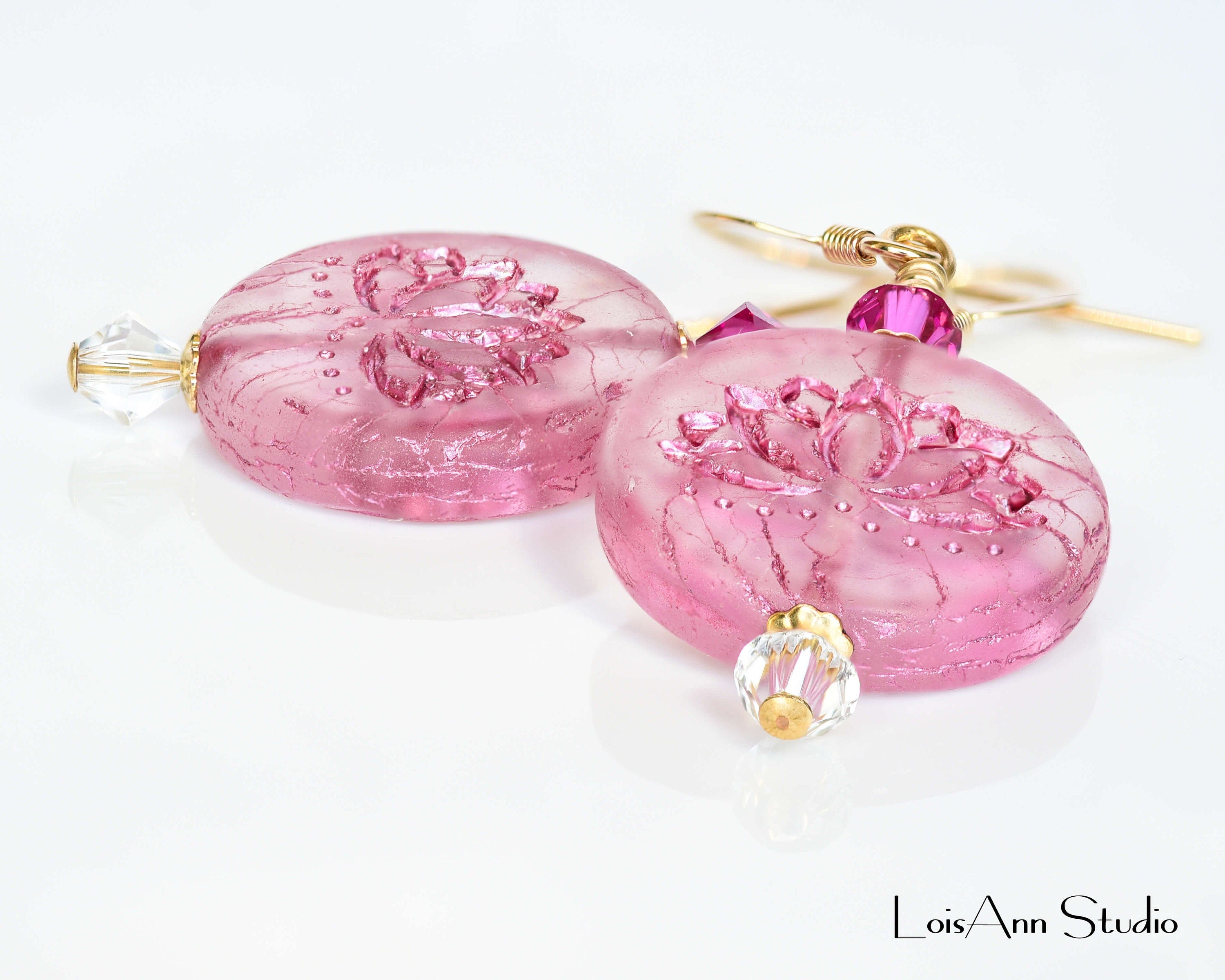 Etched Lotus Flower Earrings: Fuchsia Czech Glass, 14kt Gold Filled