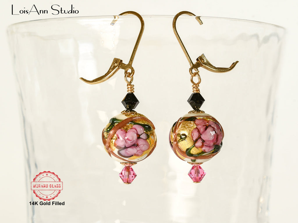 Pink Flowers Ivory Beaded Earrings, Murano Glass, Handmade, 14kt Gold Filled