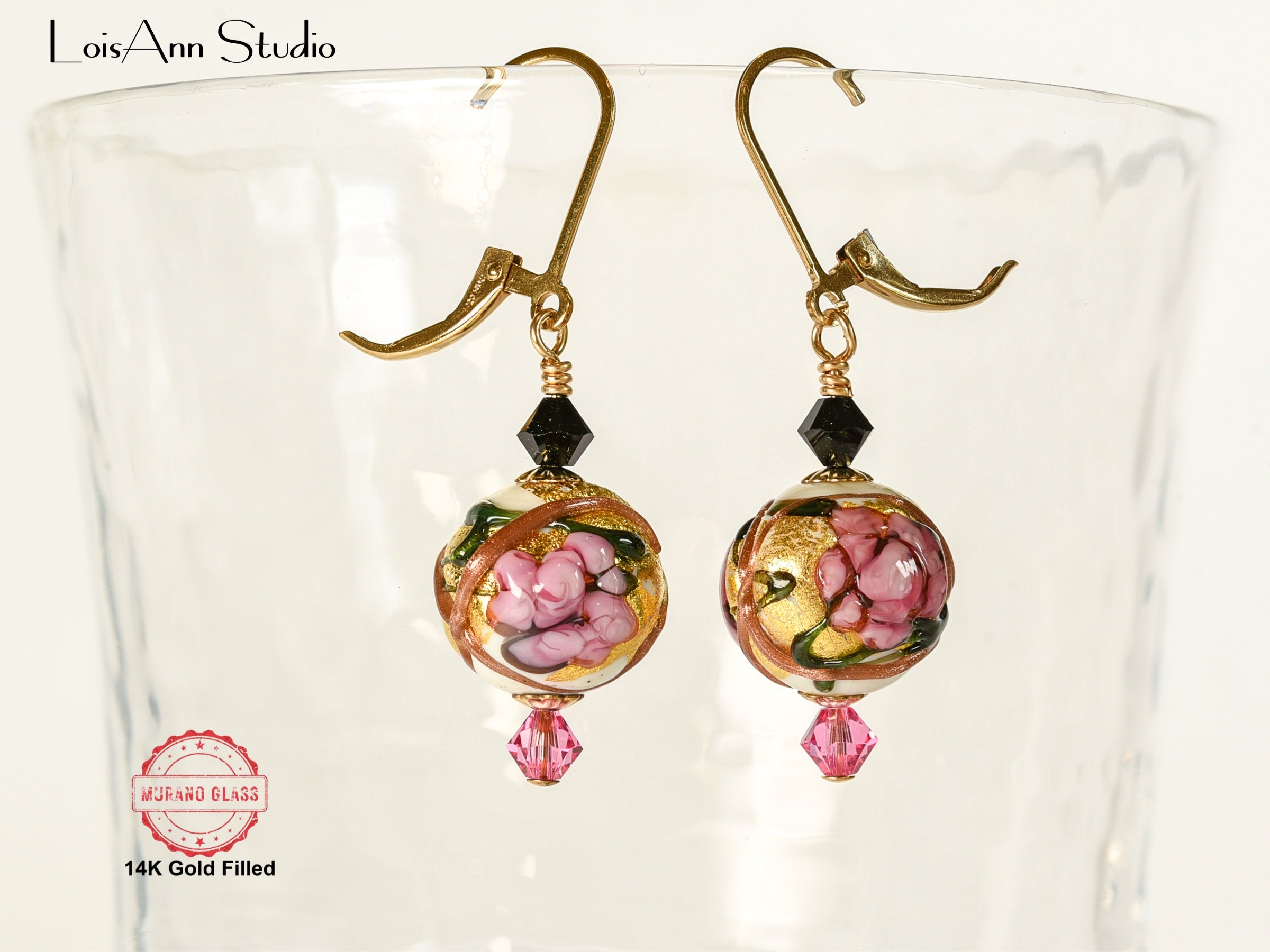 Pink Flowers Ivory Beaded Earrings, Murano Glass, Handmade, 14kt Gold Filled