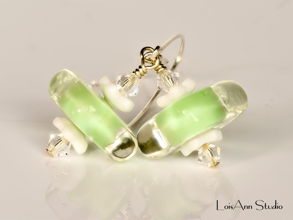 Lampwork Glass Earrings: Light Pistachio Green Artisan Beads, Handmade, Sterling Silver