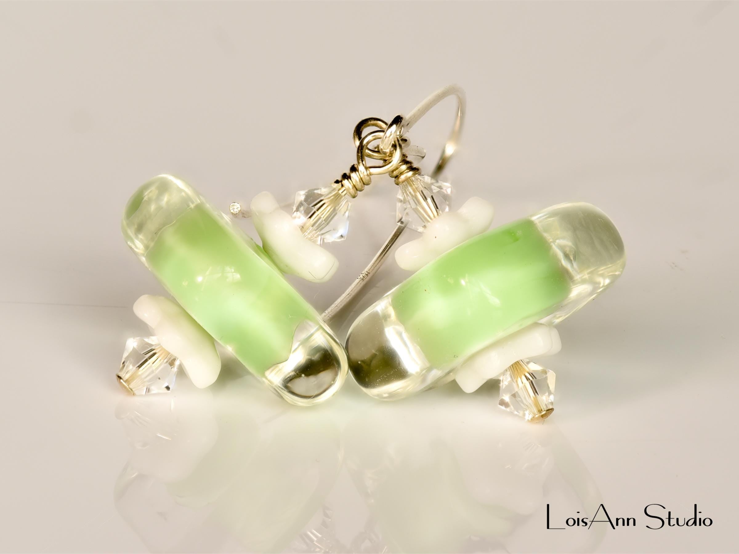 Lampwork Glass Earrings: Light Pistachio Green Artisan Beads, Handmade, Sterling Silver