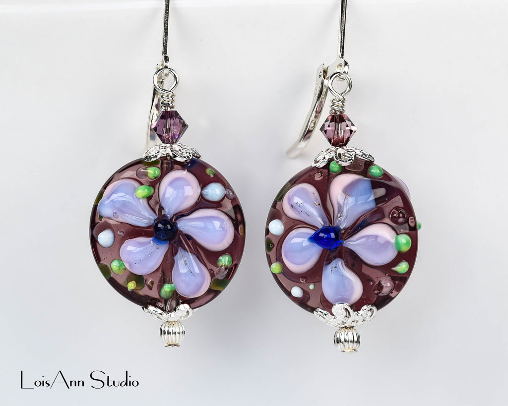 Purple Lampwork Earrings, Artisan Raised Flower Beads, Sterling Silver Earrings