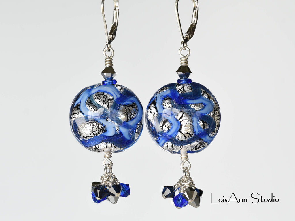 Murano Glass Beaded Earrings: Sterling Silver, Handmade, Sapphire Blue Dangles