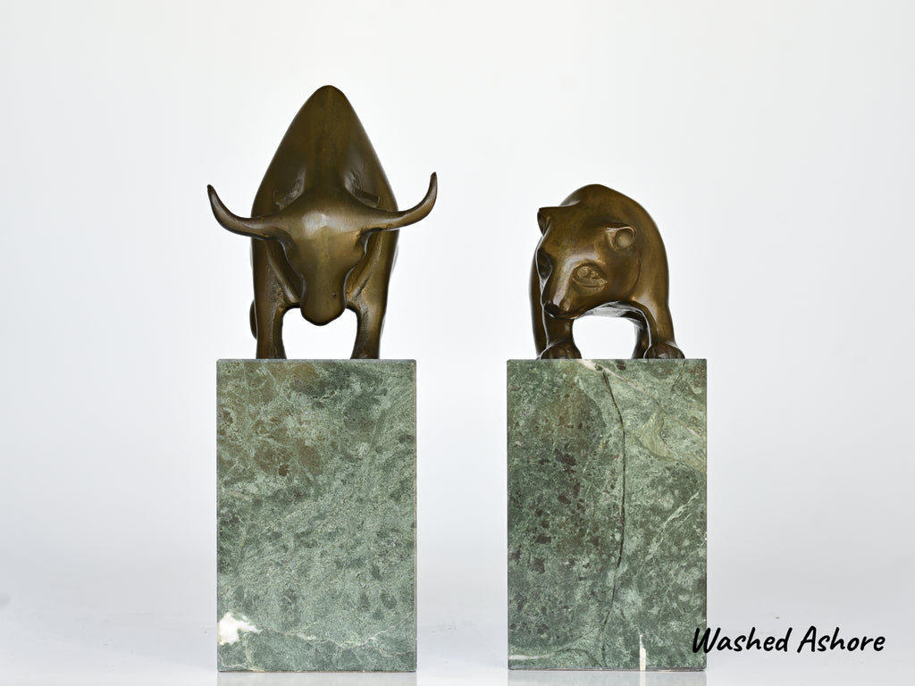 Bookends Stock Market Bull & Bear MCM Brass and Marble Wall Street Bookends