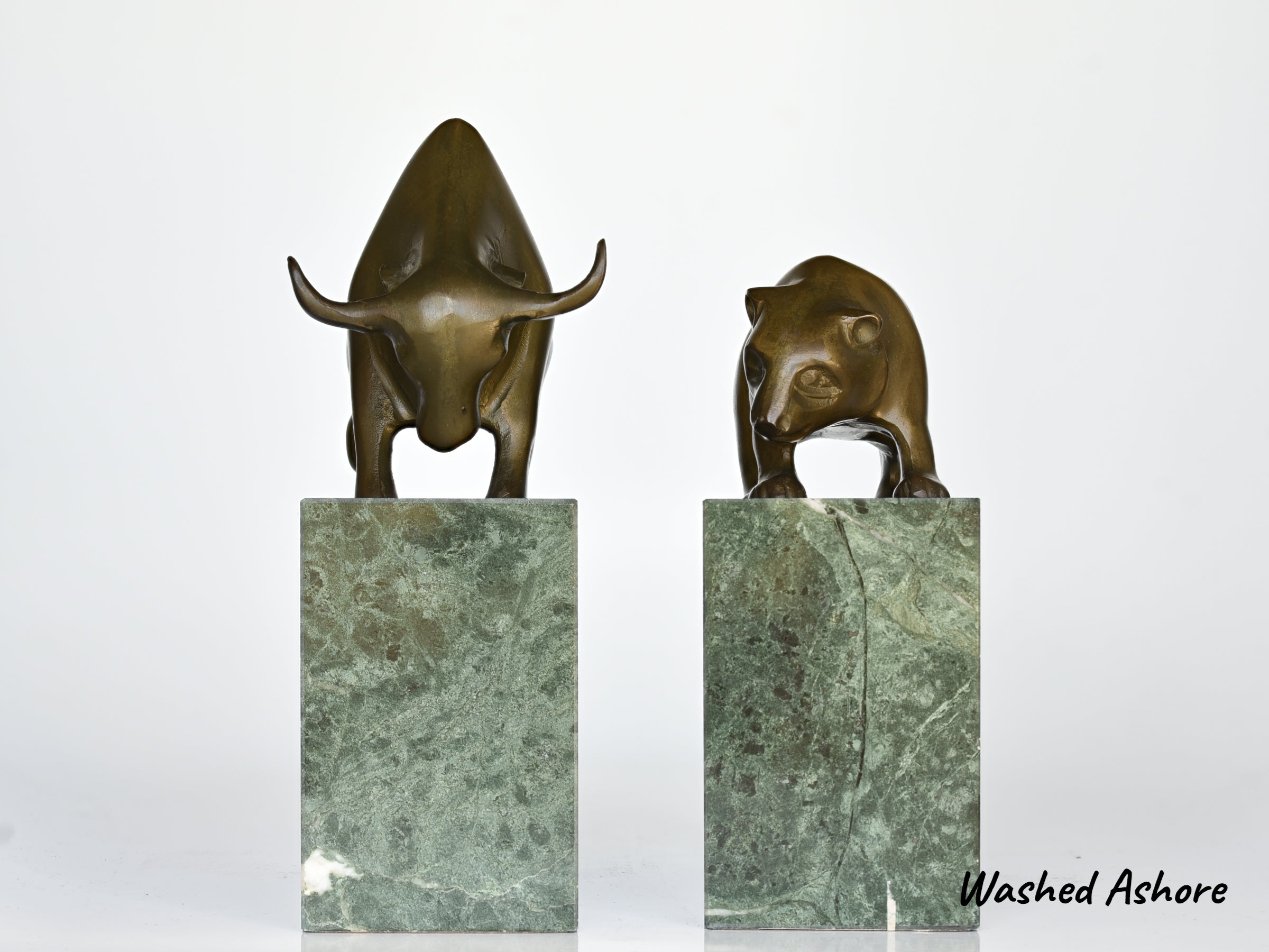 Bookends Stock Market Bull & Bear MCM Brass and Marble Wall Street Bookends