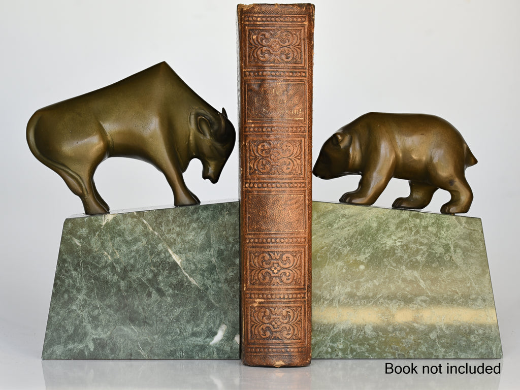 Bookends Stock Market Bull & Bear MCM Brass and Marble Wall Street Bookends