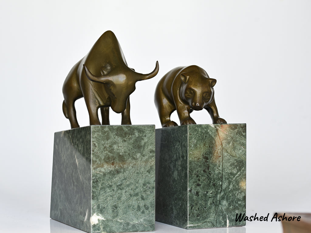 Bookends Stock Market Bull & Bear MCM Brass and Marble Wall Street Bookends
