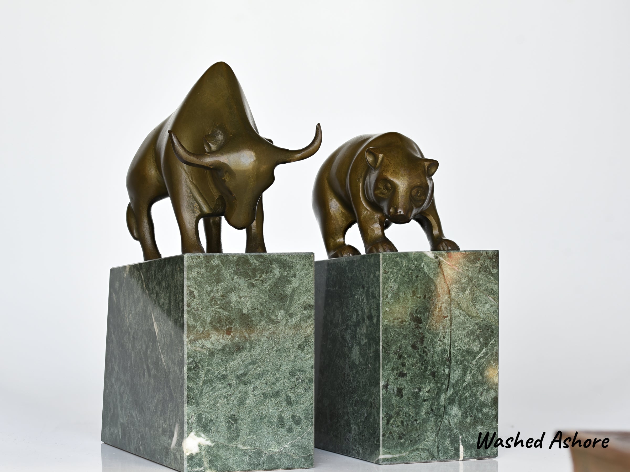 Bookends Stock Market Bull & Bear MCM Brass and Marble Wall Street Bookends