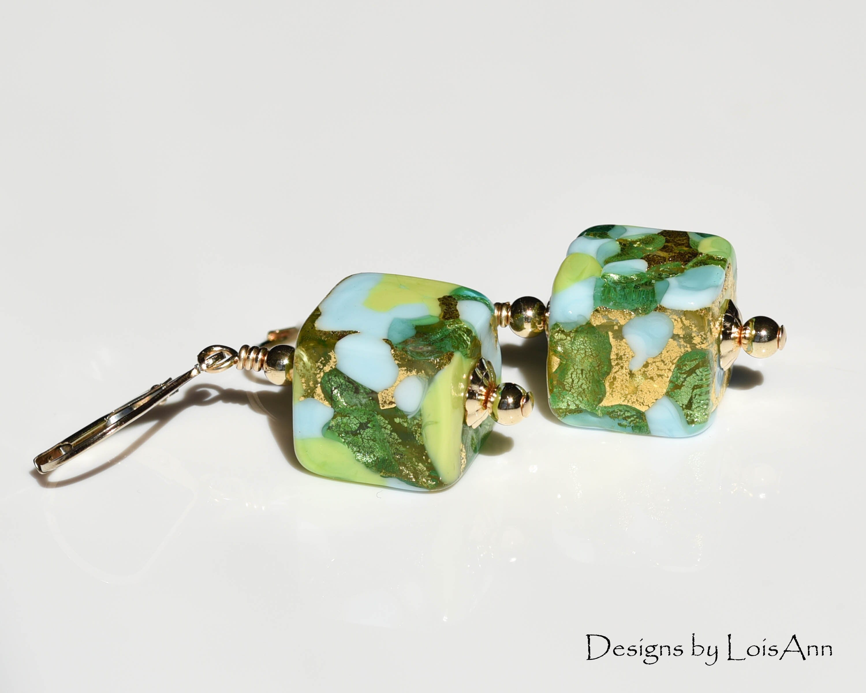 Murano Glass Earrings: Green Aqua Gold Foil, 14kt Gold Filled