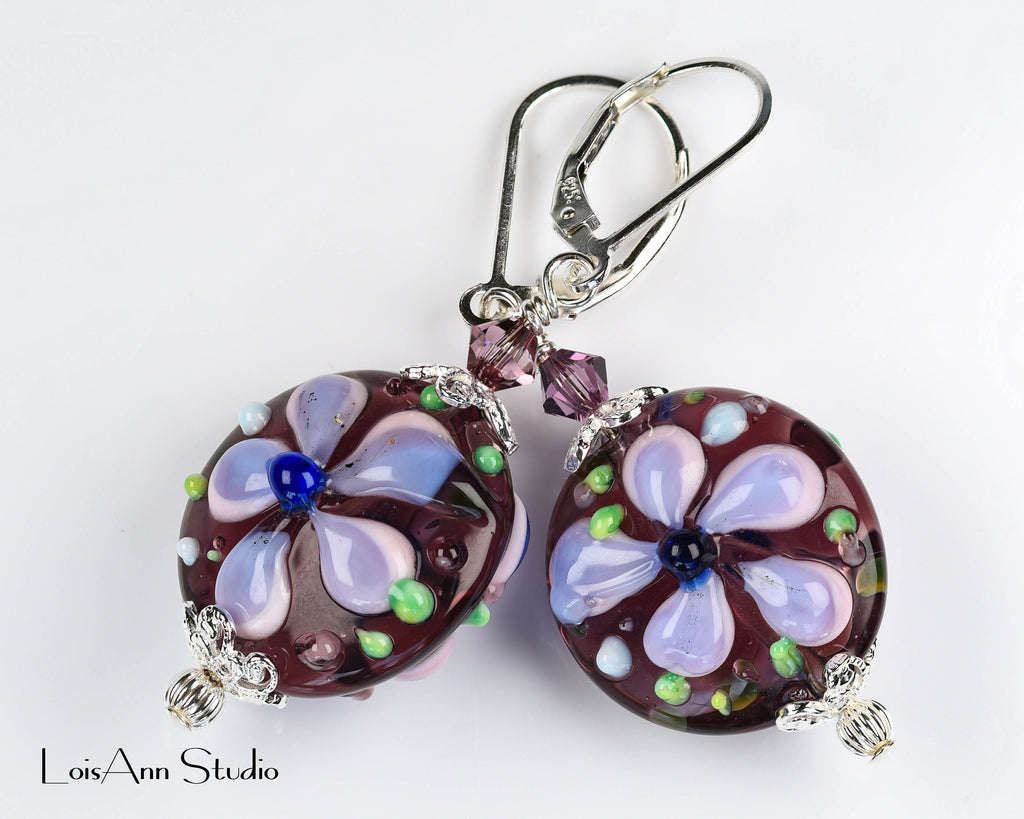 Purple Lampwork Earrings, Artisan Raised Flower Beads, Sterling Silver Earrings