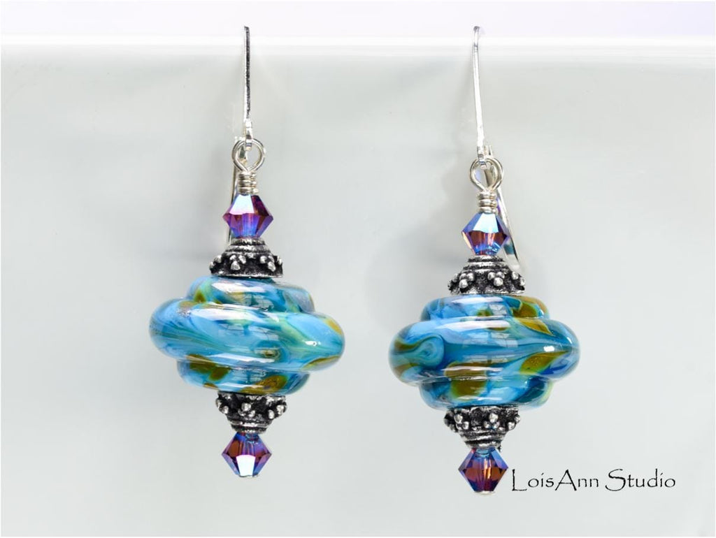Shades of Blue OOaK Lampwork Earrings, Artisan Glass Earrings, Sterling Silver, Gift for Her