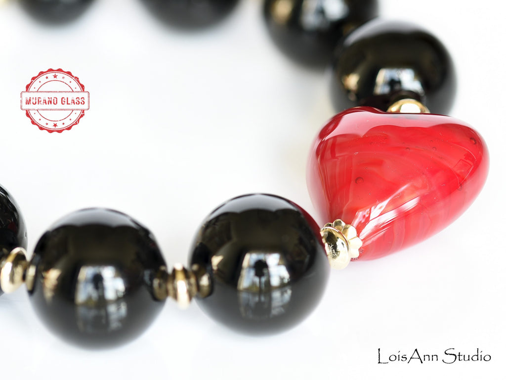 Murano Red Heart Bracelet: 14k Gold Filled Romantic Jewelry, Gift for Her